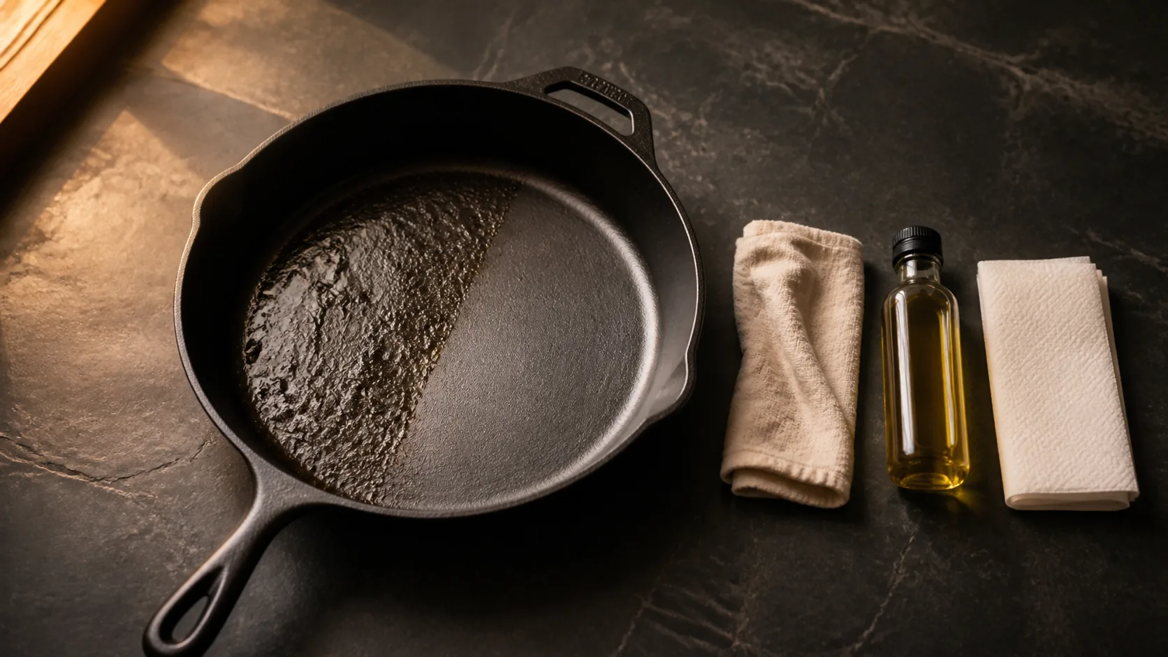 Cast iron care and restoration tools on a dark kitchen counter